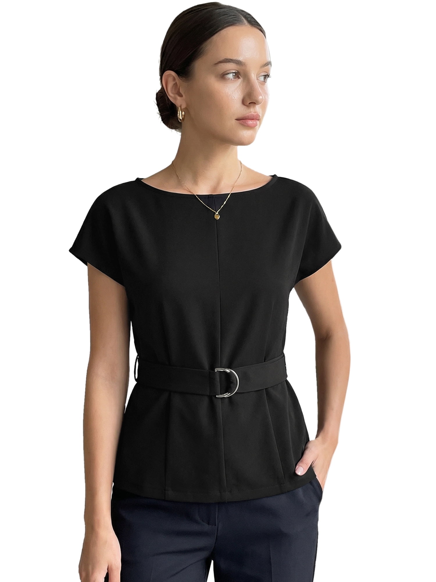 DARING DIVA Women's Cap Sleeve Top Boat Neck Belted Peplum Tops L Black