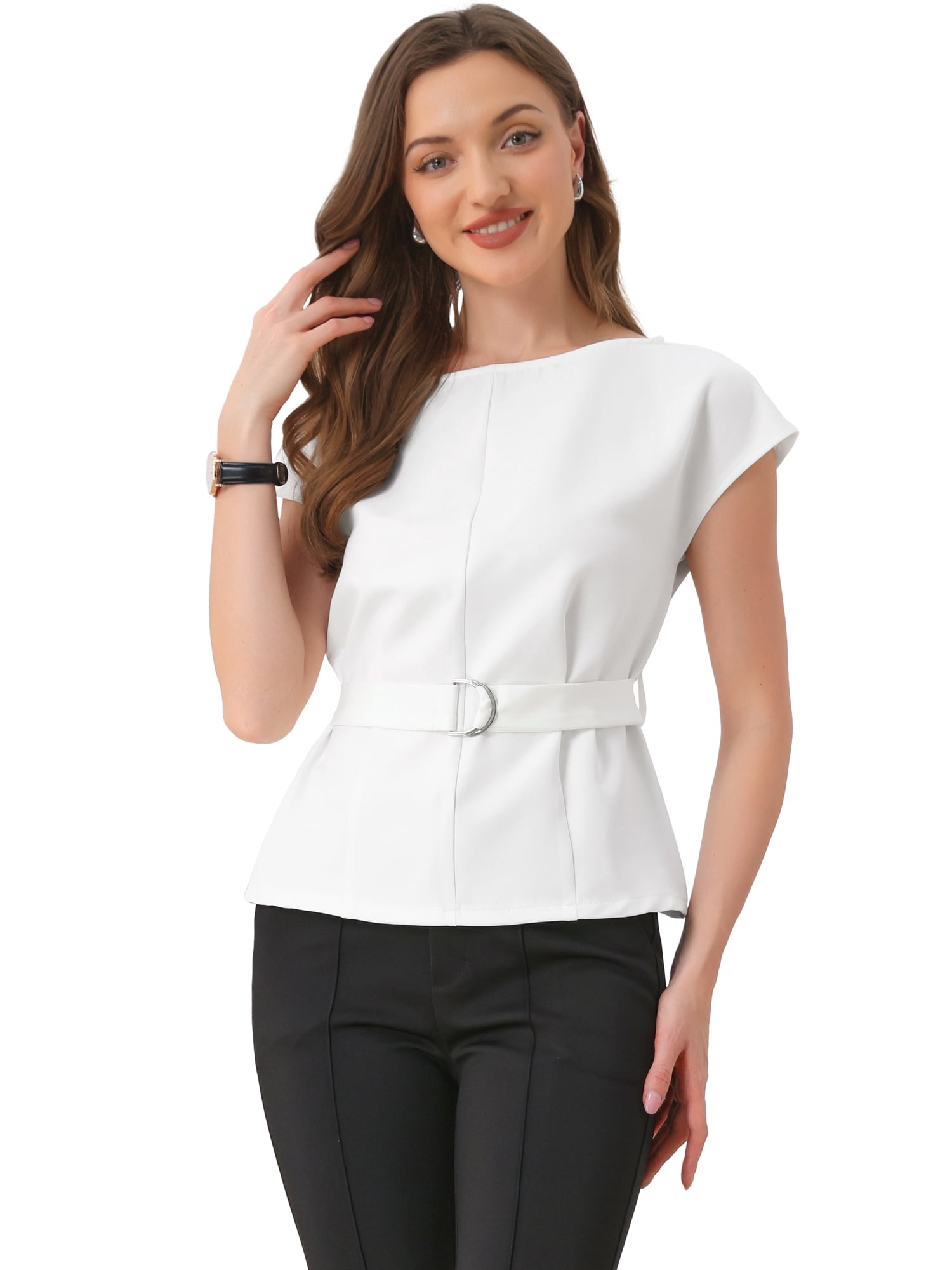DARING DIVA Women's Cap Sleeve Top Boat Neck Belted Peplum Tops S White