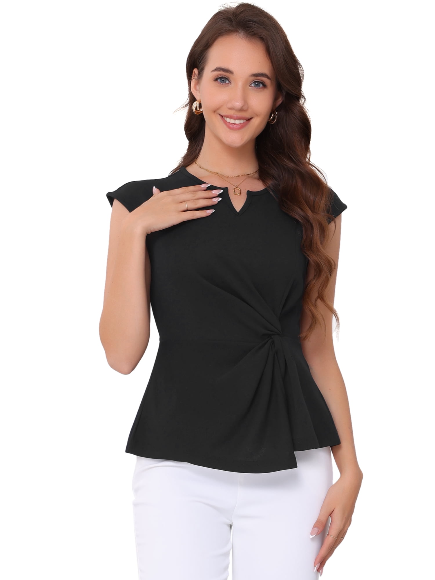 DARING DIVA Women's Peplum Tops Cap Sleeve Twist Front Top S Black