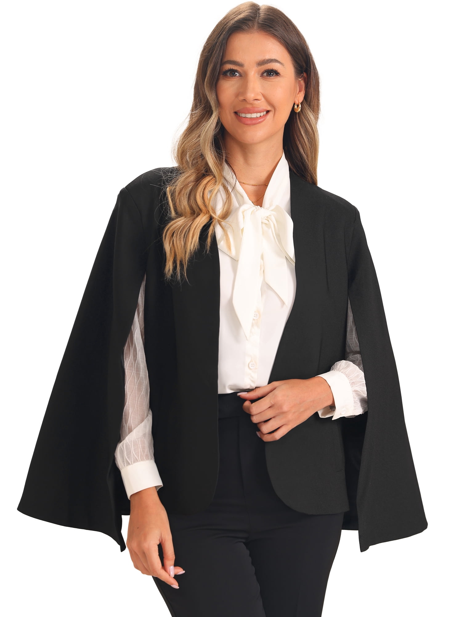 DARING DIVA Women's Cape Sleeve Business Work Open Front Casual Jacket Coat M Black