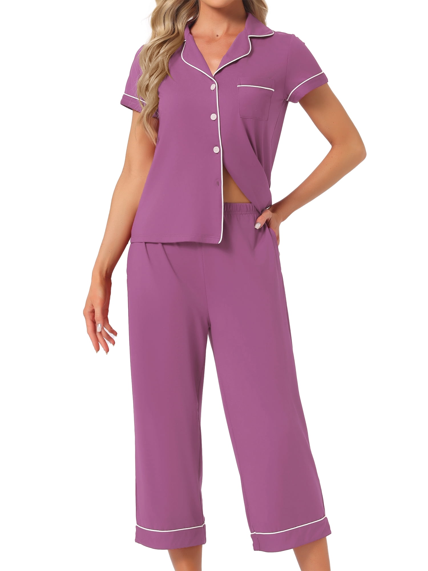 DARING DIVA Women's Capri Pajamas Short Sleeve Button Down Tops with Pants Set L Purple