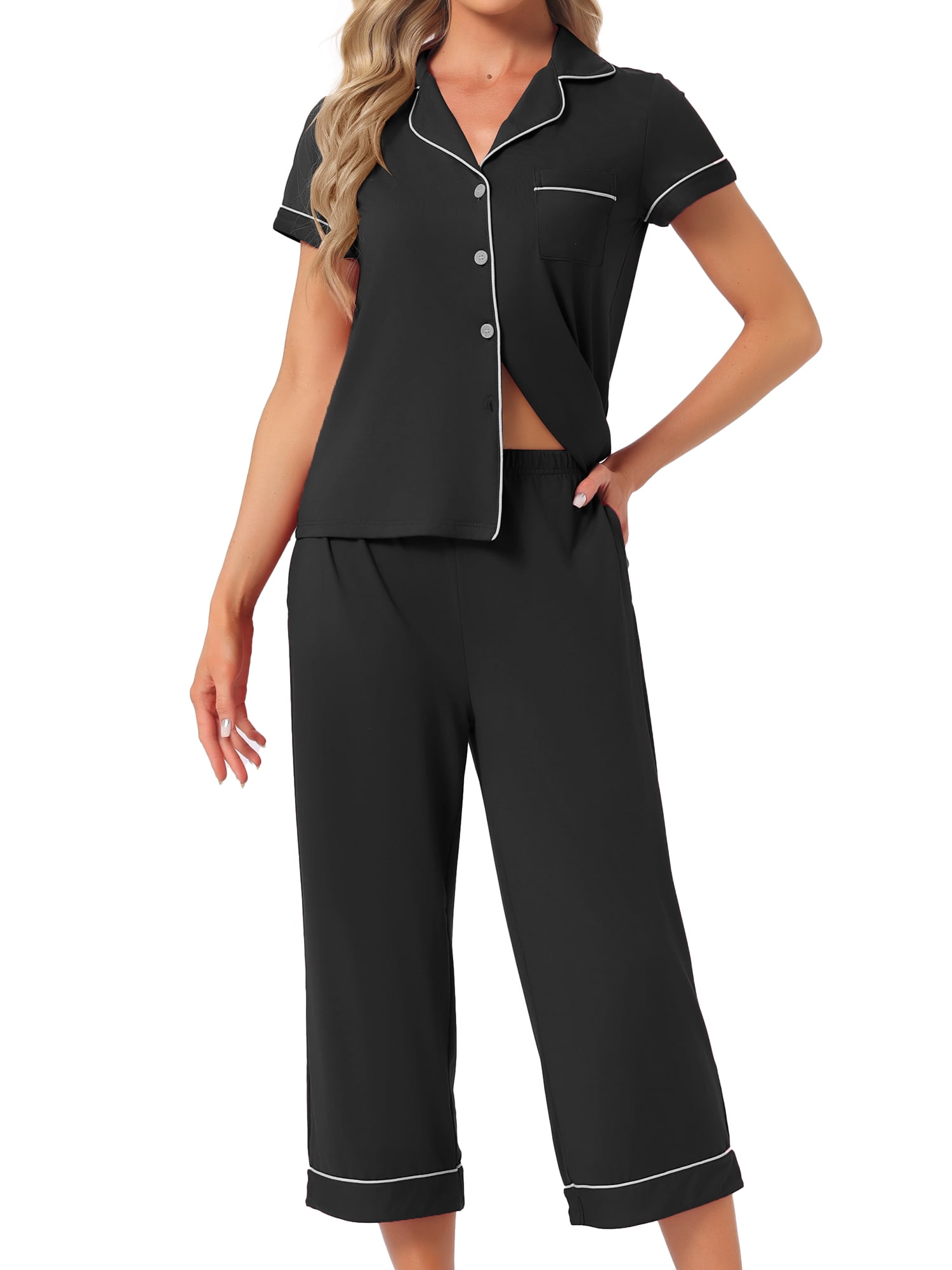 DARING DIVA Women's Capri Pajamas Short Sleeve Button Down Tops with Pants Set M Black