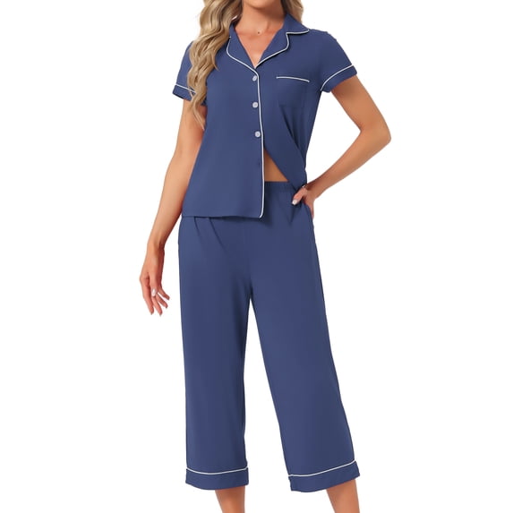 DARING DIVA Women's Capri Pajamas Short Sleeve Button Down Tops with Pants Set M Blue