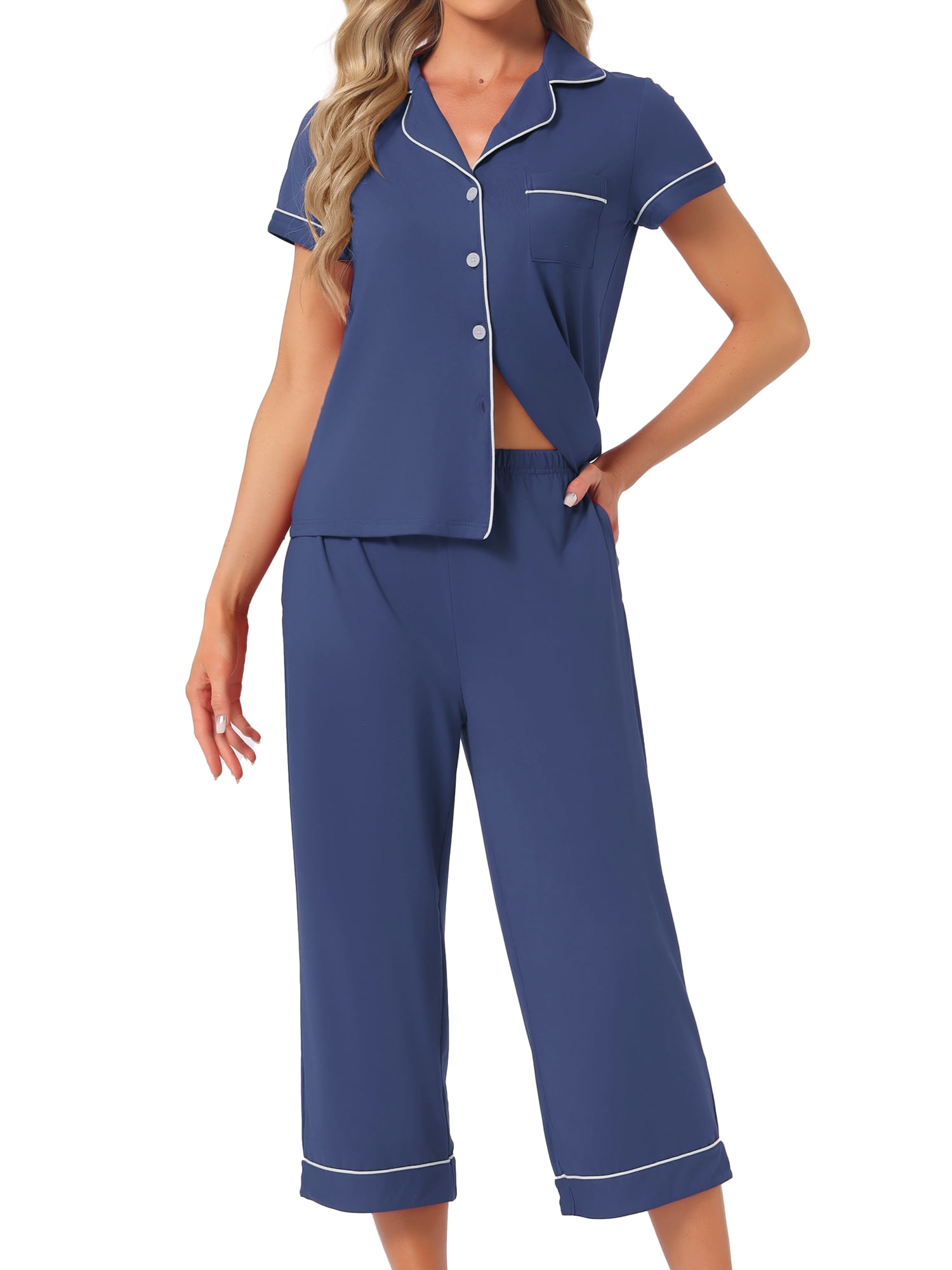 DARING DIVA Women's Capri Pajamas Short Sleeve Button Down Tops with Pants Set S Blue