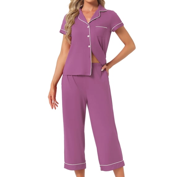 DARING DIVA Women's Capri Pajamas Short Sleeve Button Down Tops with Pants Set S Purple