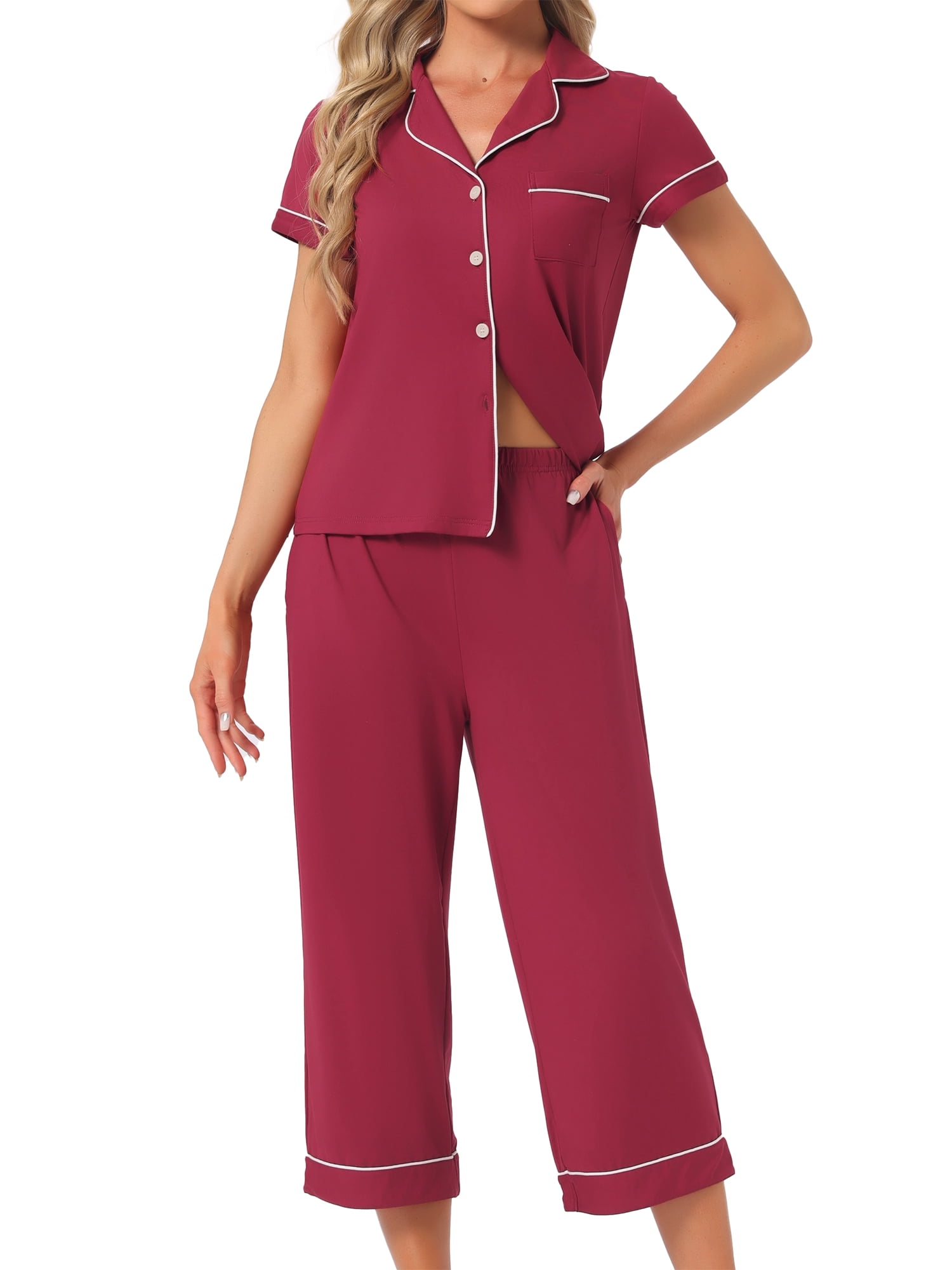 DARING DIVA Women's Capri Pajamas Short Sleeve Button Down Tops with Pants Set XL Red