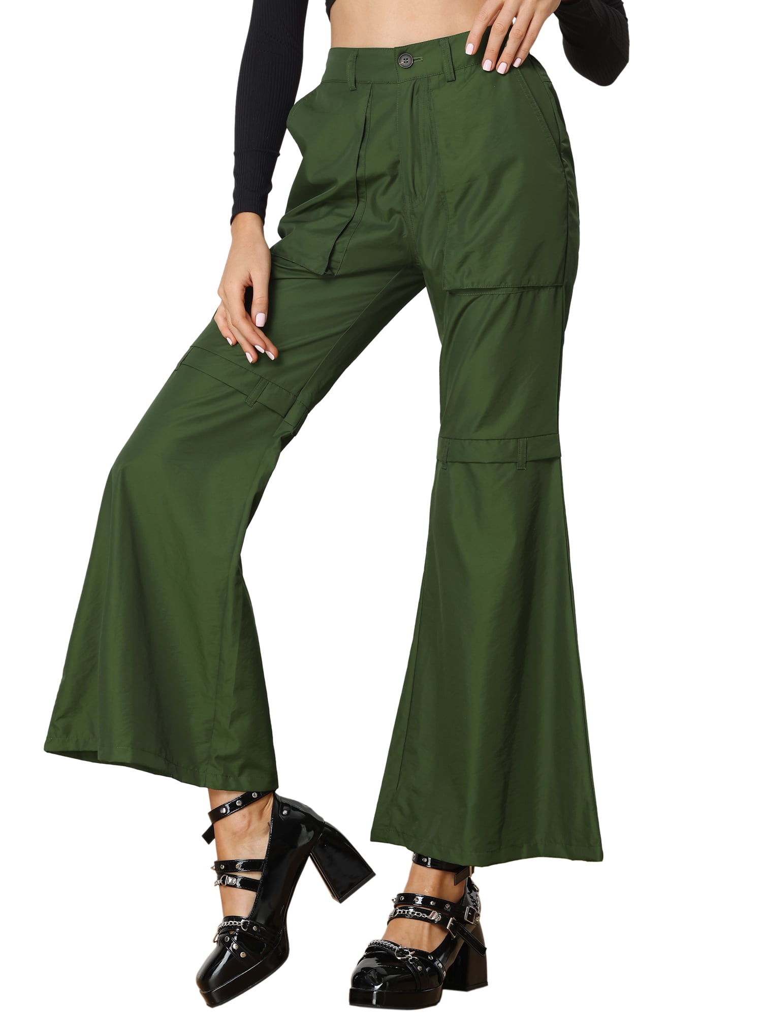 DARING DIVA Women's Cargo Baggy High Waisted Wide Leg Casual Pants M Green