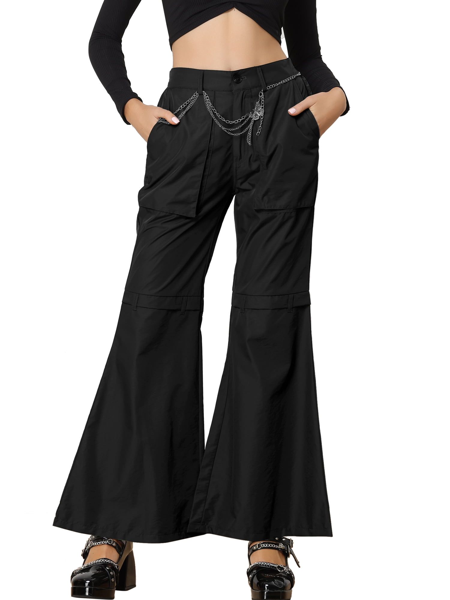 DARING DIVA Women's Cargo Baggy High Waisted Wide Leg Casual Pants XS Black