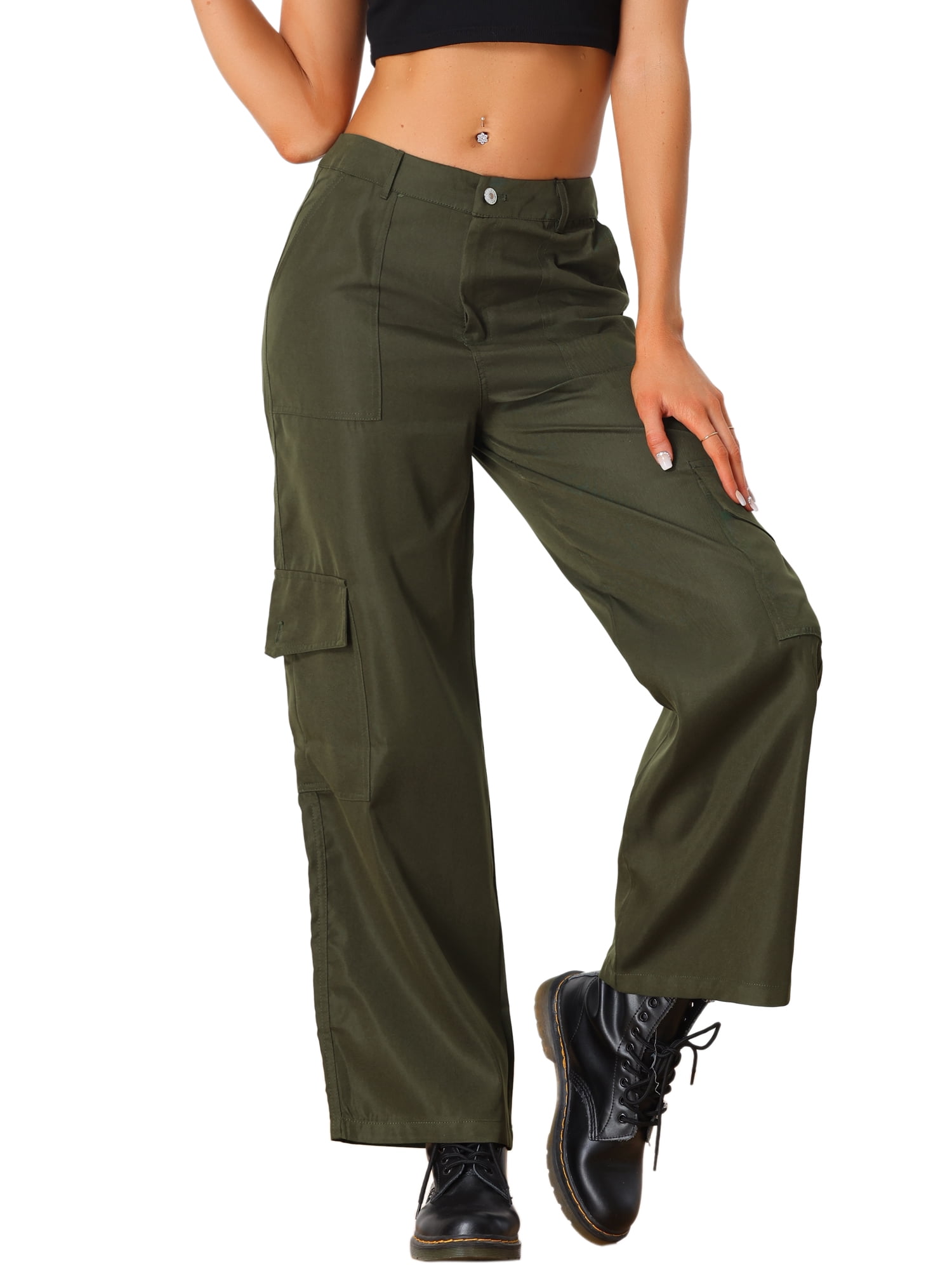 DARING DIVA Women's Cargo High Waisted Baggy Wide Leg Pockets Pants L Army Green