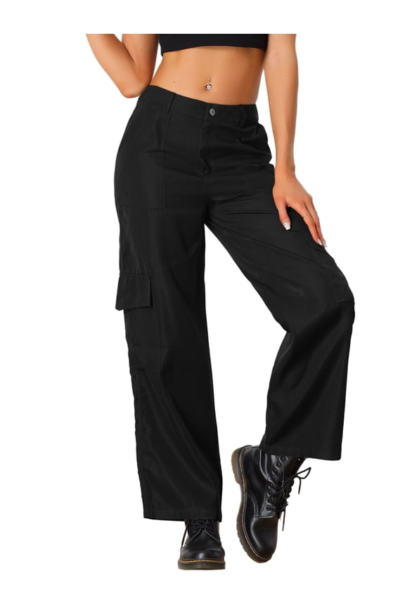 Women's Cargo High Waisted Baggy Wide Leg Pockets Pants L Black