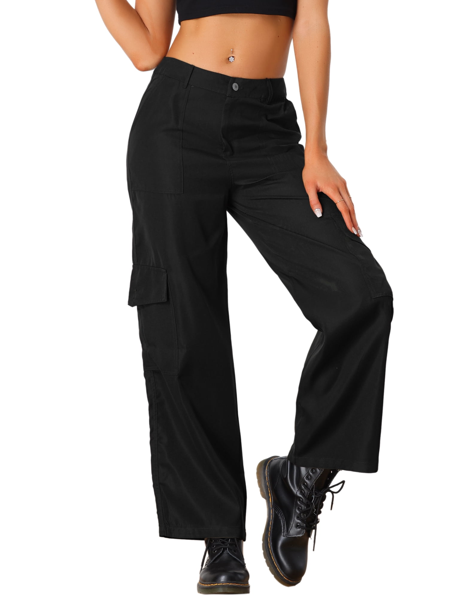 DARING DIVA Women's Cargo High Waisted Baggy Wide Leg Pockets Pants XS Black