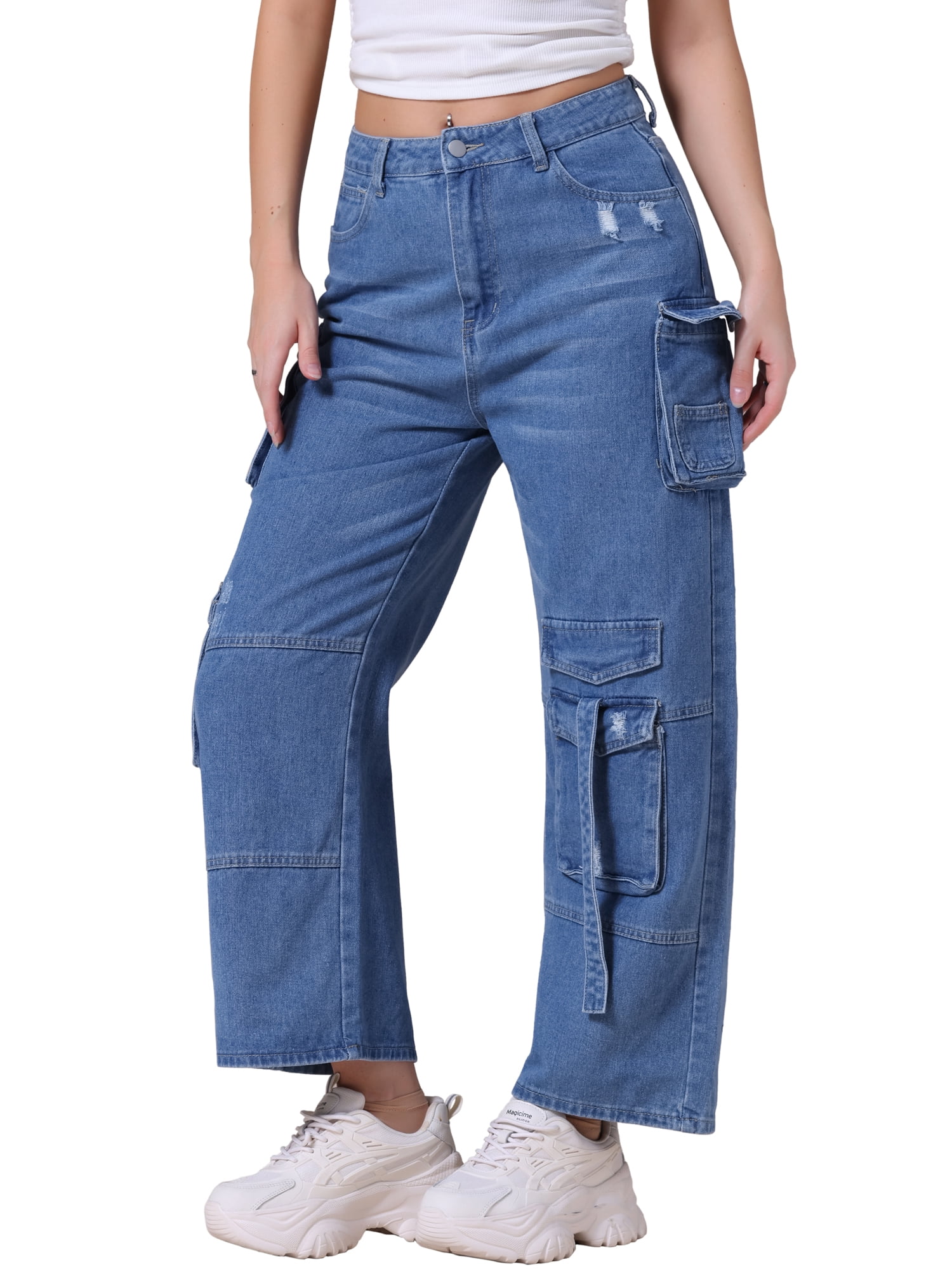 DARING DIVA Women's Cargo Jeans Straight High Waist Baggy Denim Pants L Blue