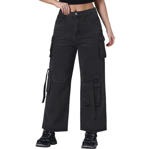 DARING DIVA Women's Cargo Jeans Straight High Waist Baggy Denim Pants S Black