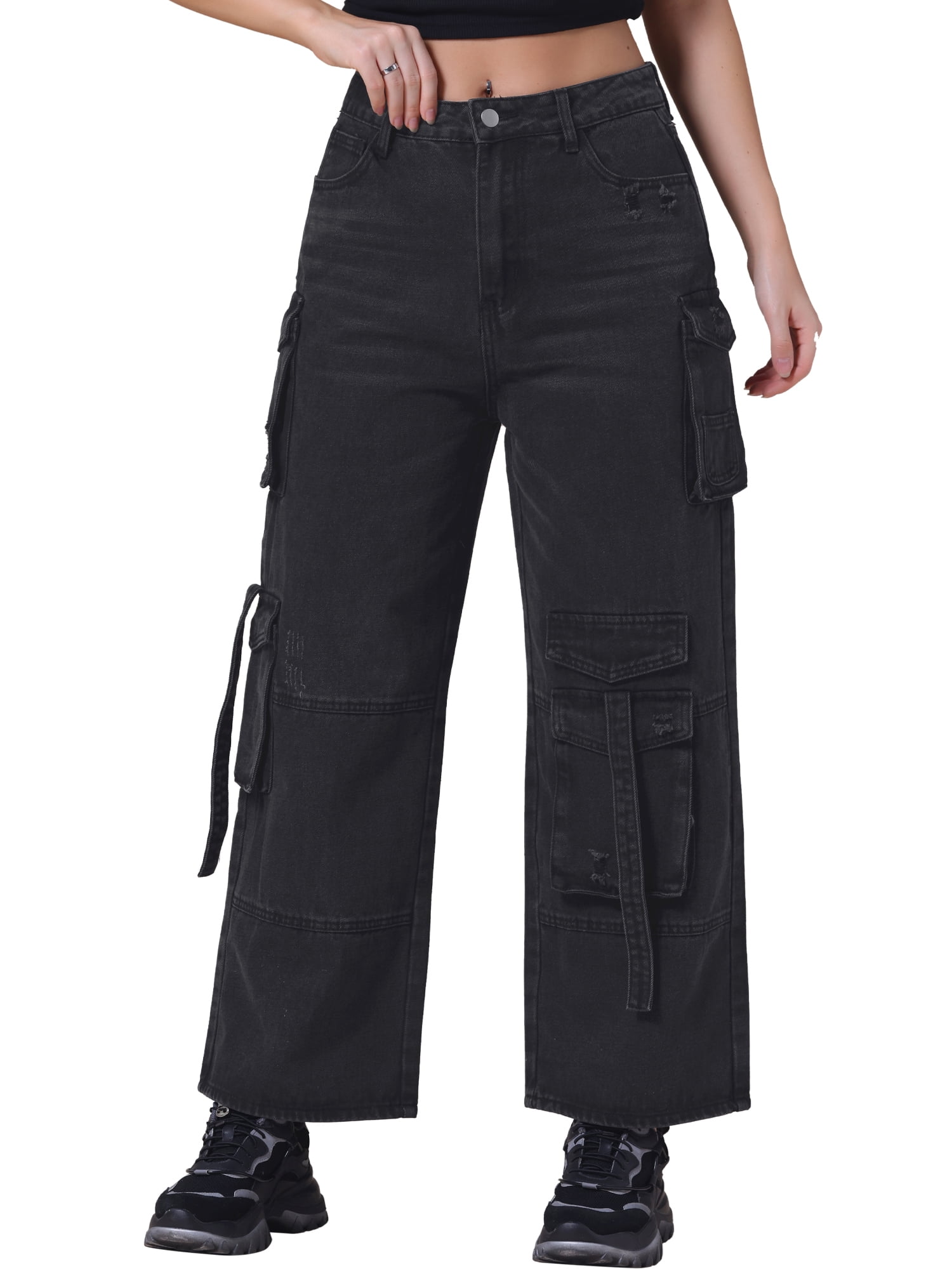 DARING DIVA Women's Cargo Jeans Straight High Waist Baggy Denim Pants XL Black