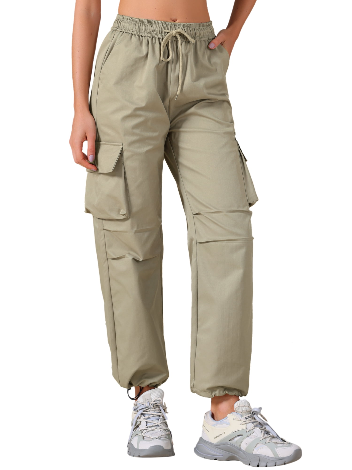 DARING DIVA Women's Cargo Joggers Streetwear Pockets Casual Pants Small Grey Khaki