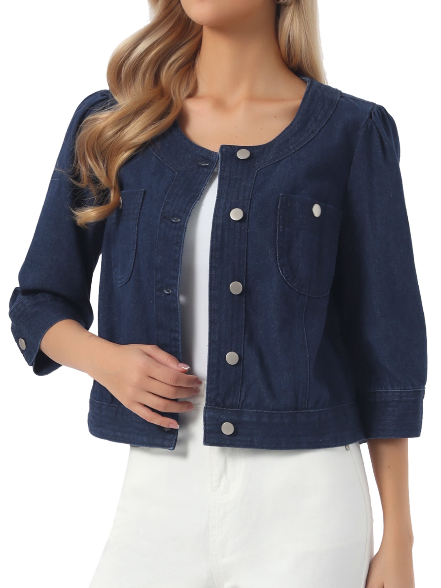 DARING DIVA Women's Casual 3/4 Sleeve Button Up Cropped Denim Jacket L Dark Blue