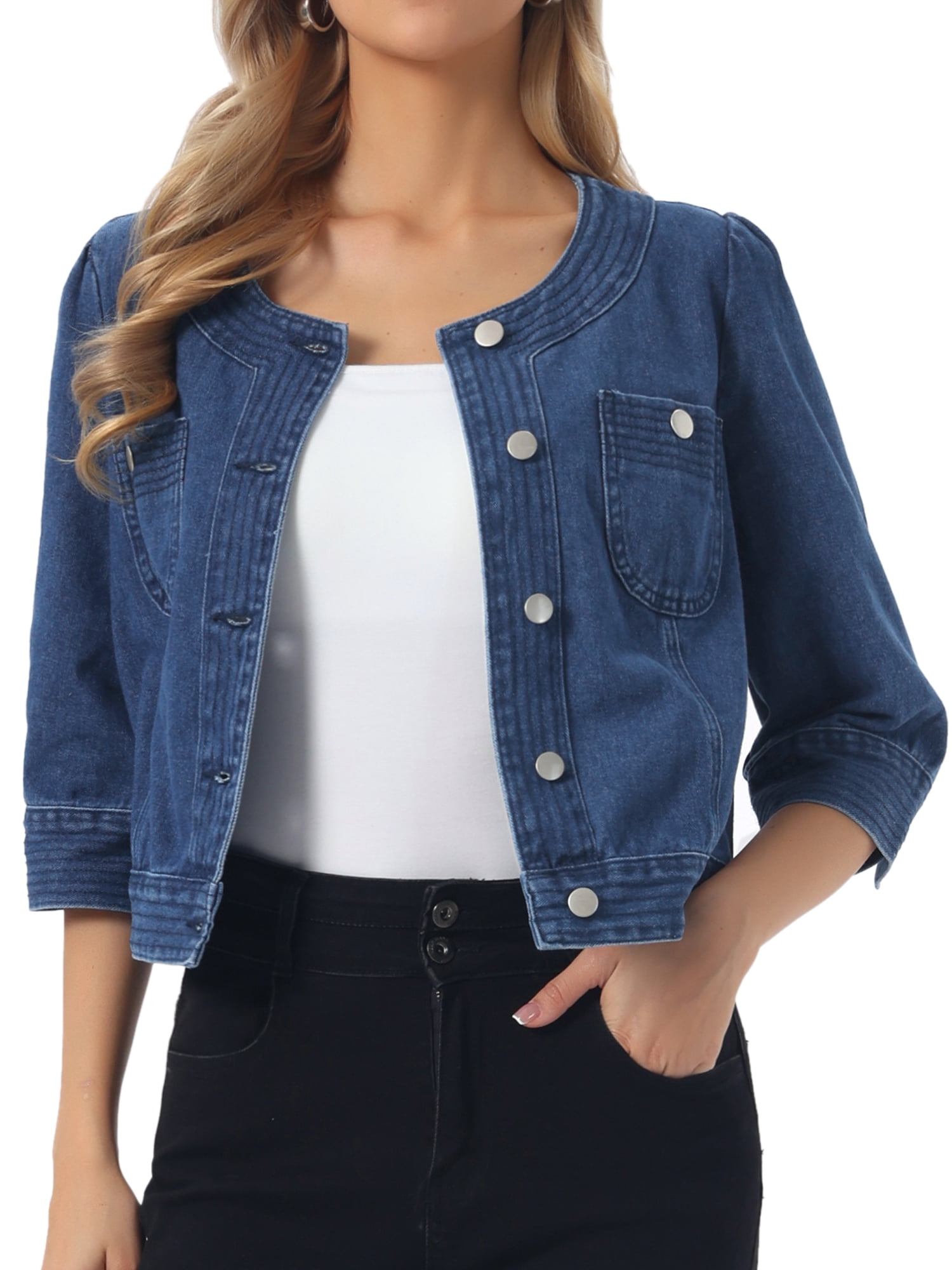 DARING DIVA Women's Casual 3/4 Sleeve Button Up Cropped Denim Jacket S Medium Blue