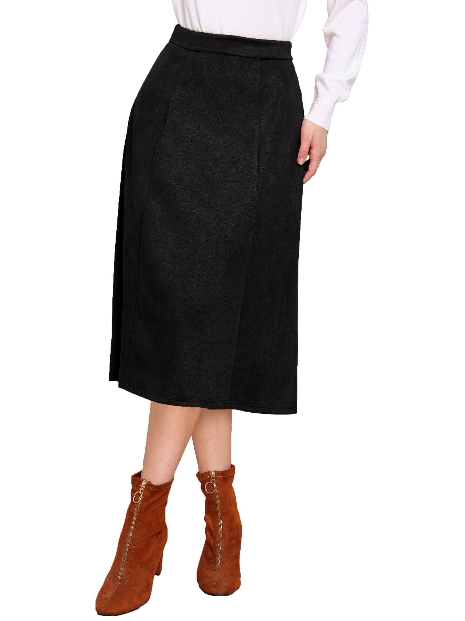 DARING DIVA Women's Casual A Line Faux Suede Midi Skirts L Black