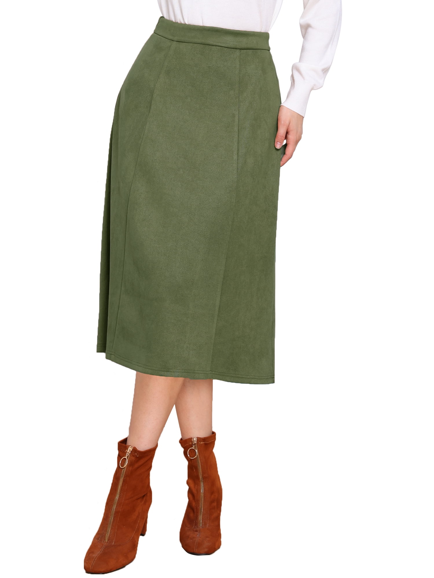 DARING DIVA Women's Casual A Line Faux Suede Midi Skirts Large Dark Green