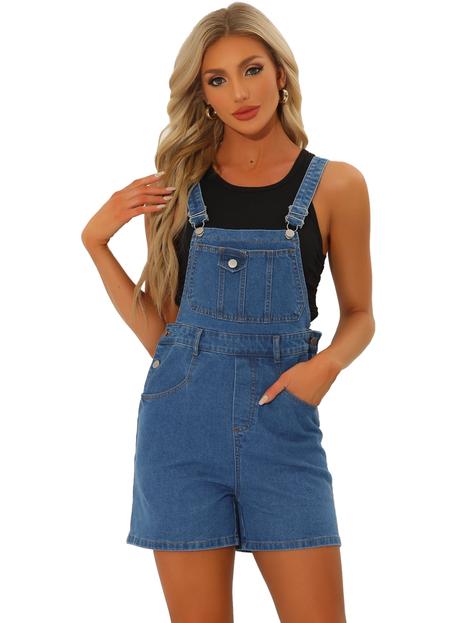 DARING DIVA Women's Casual Adjustable Straps Bib Denim Romper L Blue