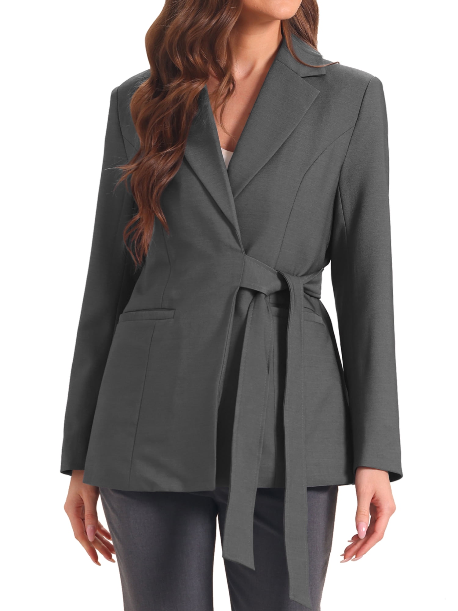 DARING DIVA Women's Belted Lapel Long Sleeve Work Office Wrap Blazer Jacket L Dark Gray