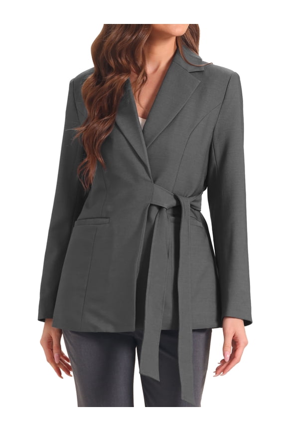 Women's Casual Belted Blazer Office Wrap Blazer Jackets XS Dark Gray