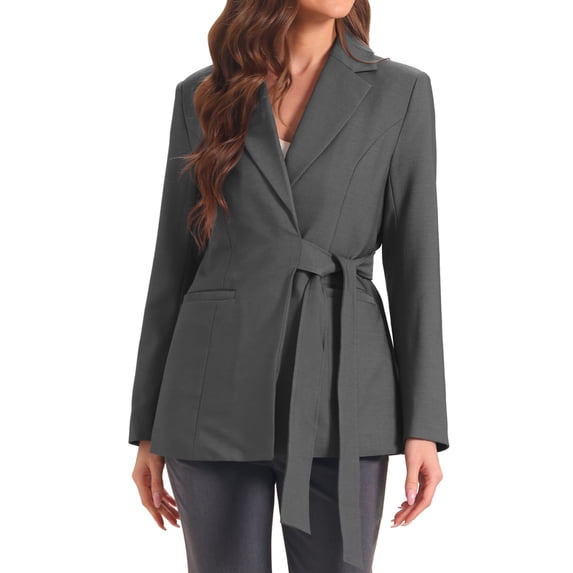 DARING DIVA Women's Belted Lapel Long Sleeve Work Office Wrap Blazer Jacket XS Dark Gray