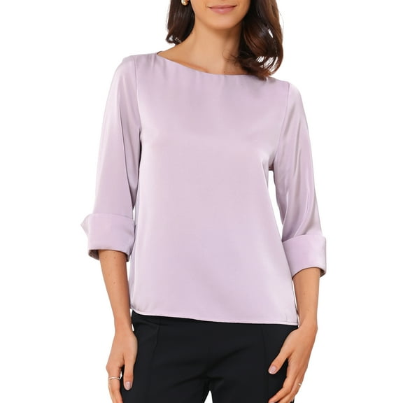 DARING DIVA Women's Casual Boat Neck 3/4 Sleeve Satin Blouse S Light Purple