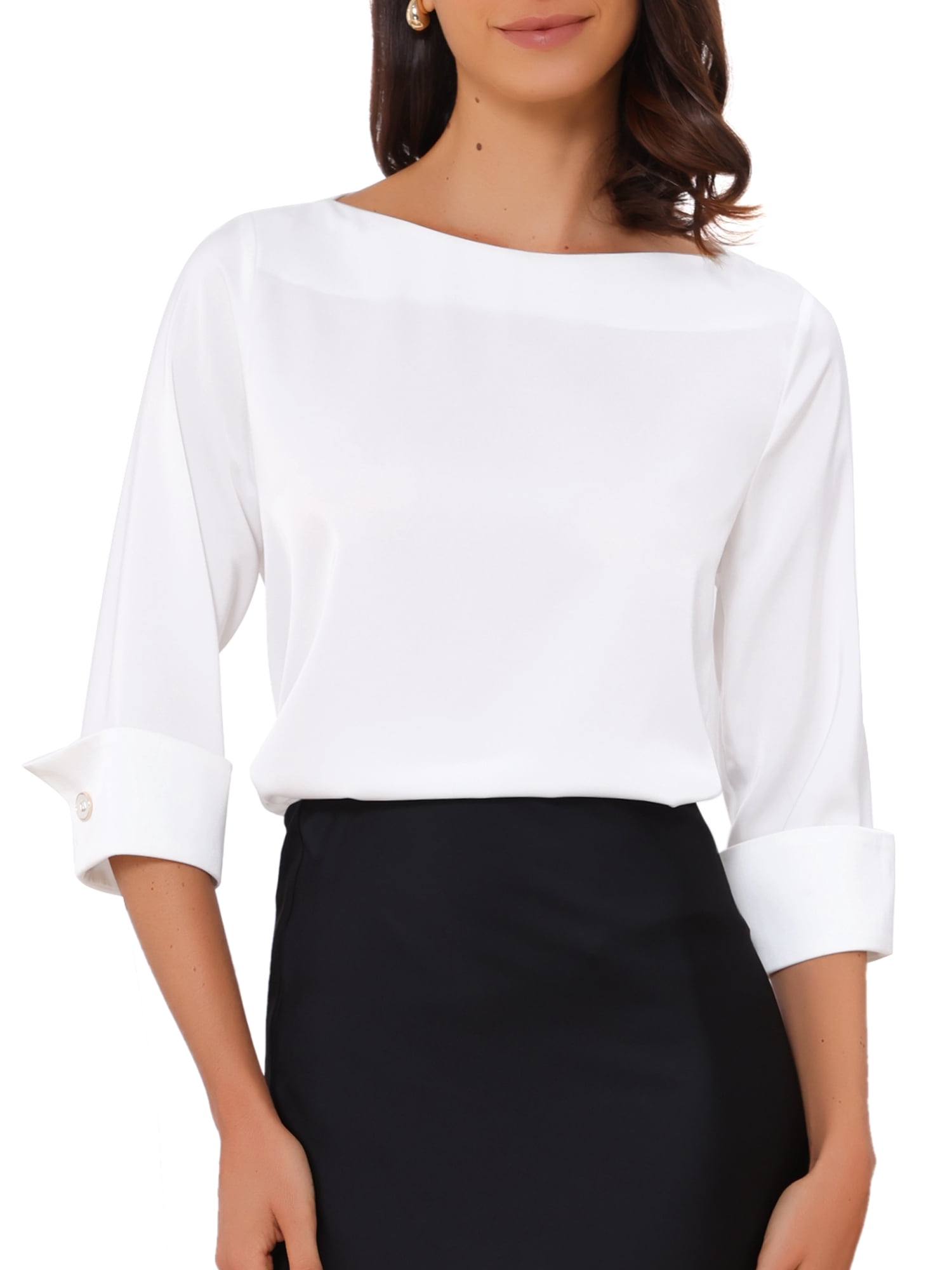 DARING DIVA Women's Satin Boat Neck 3/4 Sleeve Business Shirt S White