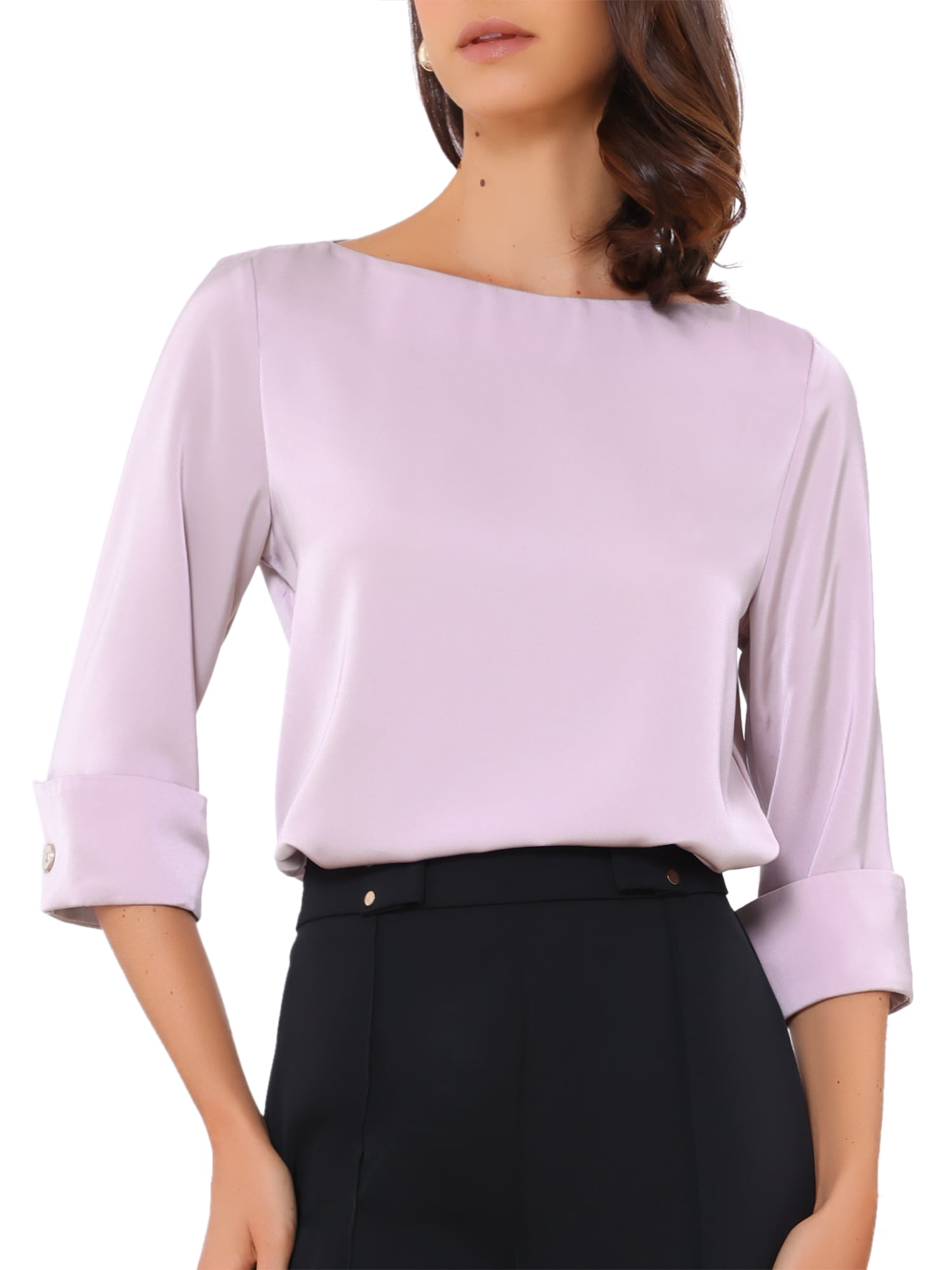 DARING DIVA Women's Satin Boat Neck 3/4 Sleeve Business Shirt XS Purple