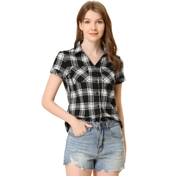 DARING DIVA Women's Casual Boyfriend Plaid Button Down Flannel Shirt L Black