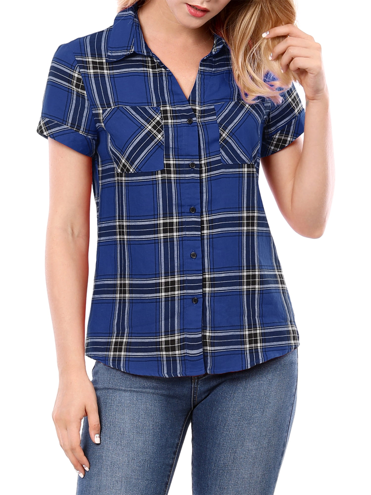 DARING DIVA Women's Casual Boyfriend Plaid Button Down Flannel Shirt L Blue