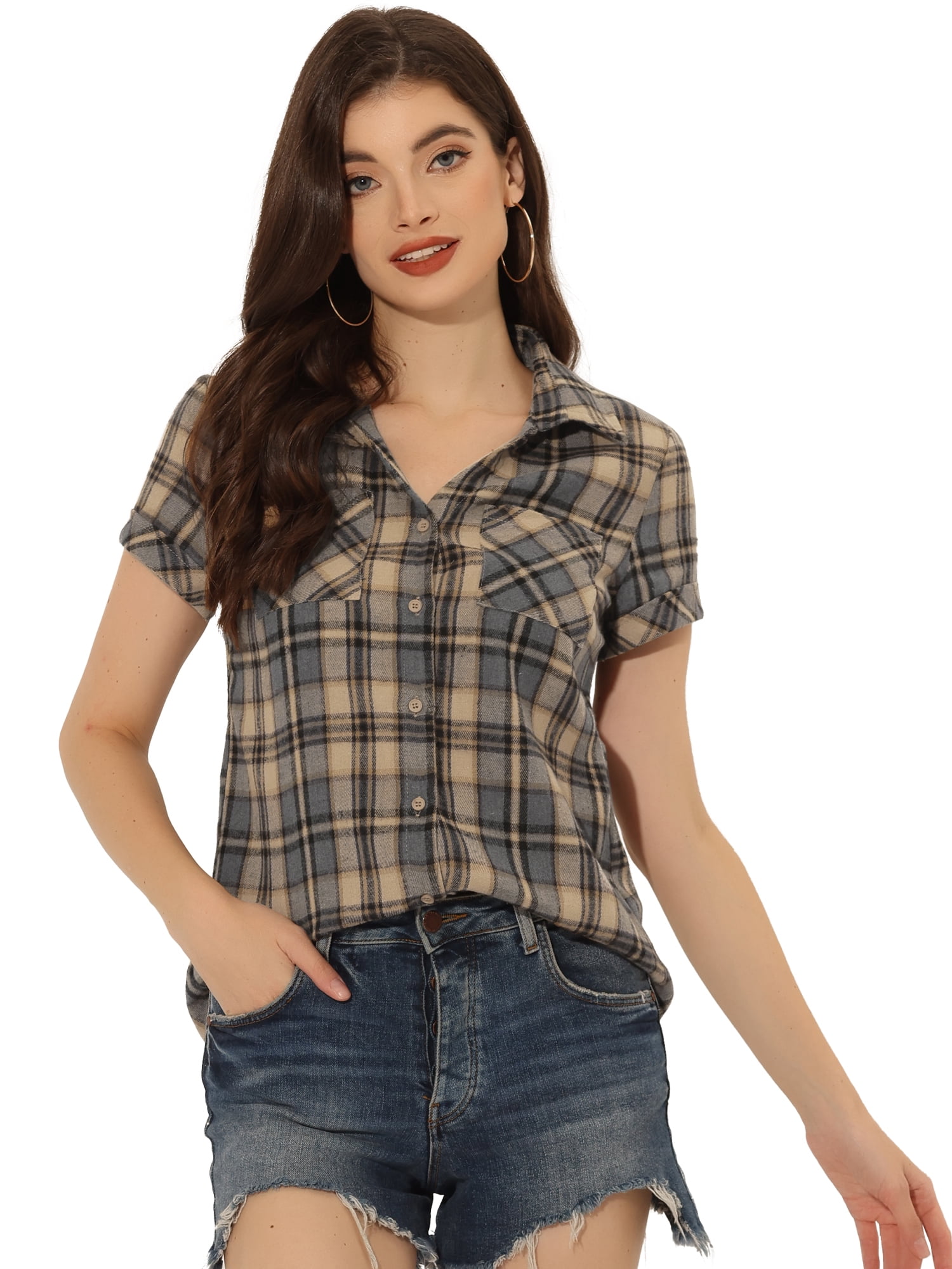 DARING DIVA Women's Casual Boyfriend Plaid Button Down Flannel Shirt L Brown Black
