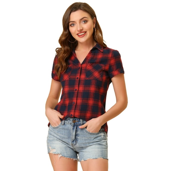 DARING DIVA Women's Casual Boyfriend Plaid Button Down Flannel Shirt L Dark Blue Red