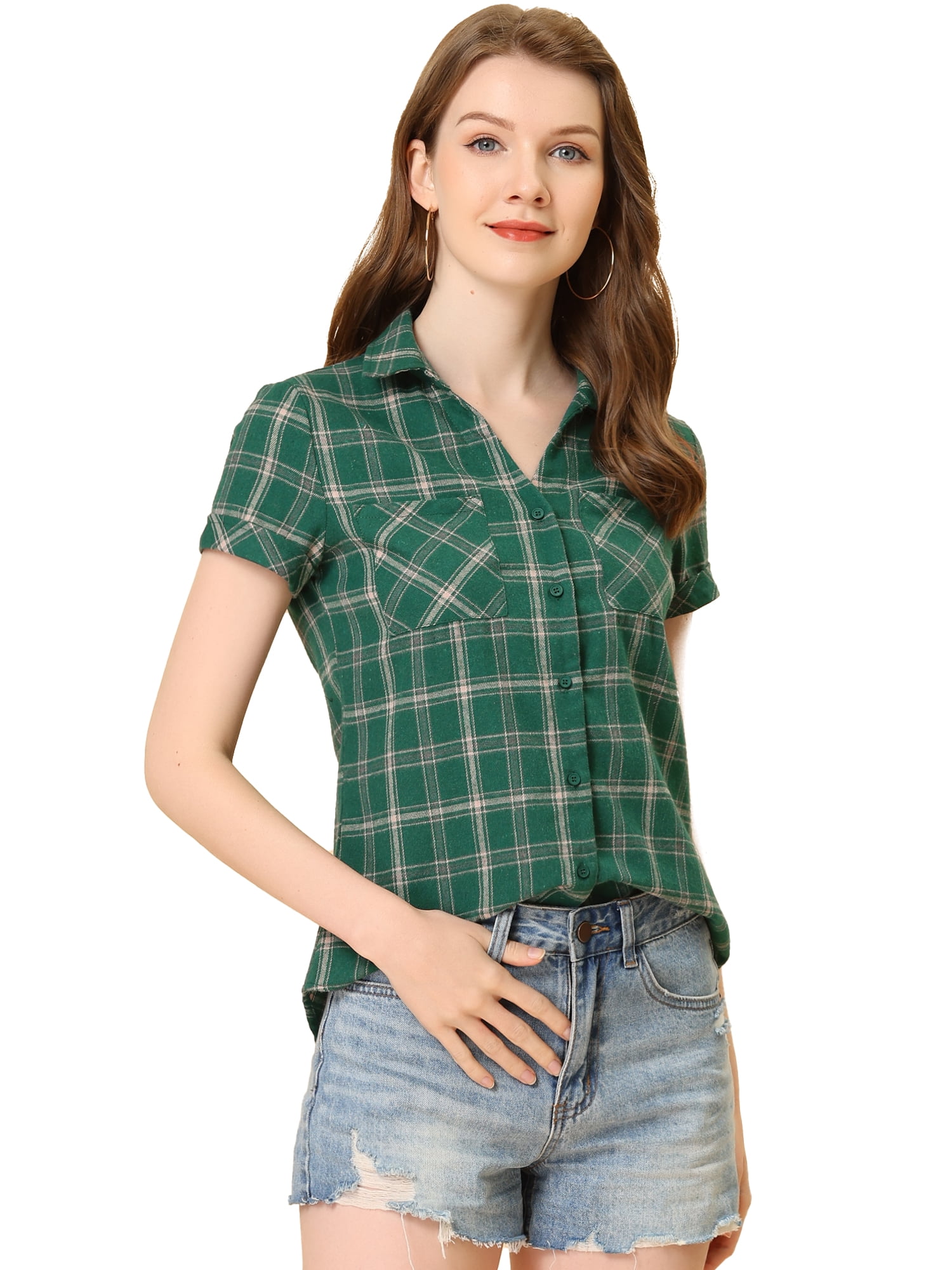 DARING DIVA Women's Casual Boyfriend Plaid Button Down Flannel Shirt L Green Beige