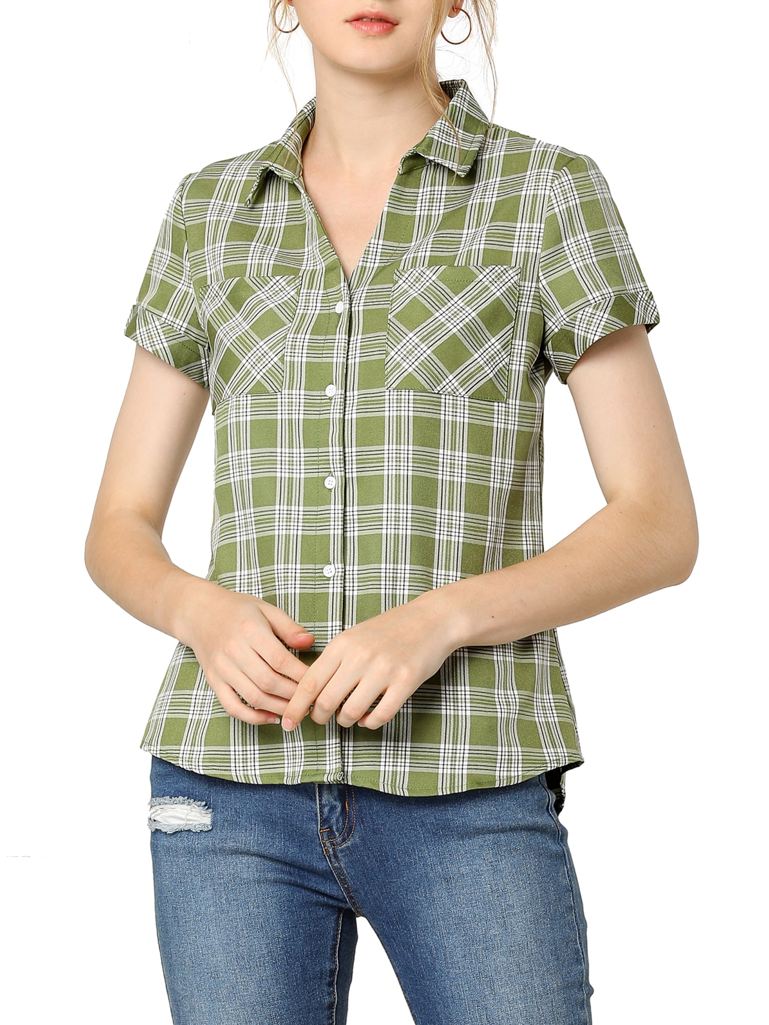 DARING DIVA Women's Casual Boyfriend Plaid Button Down Flannel Shirt L Light Green