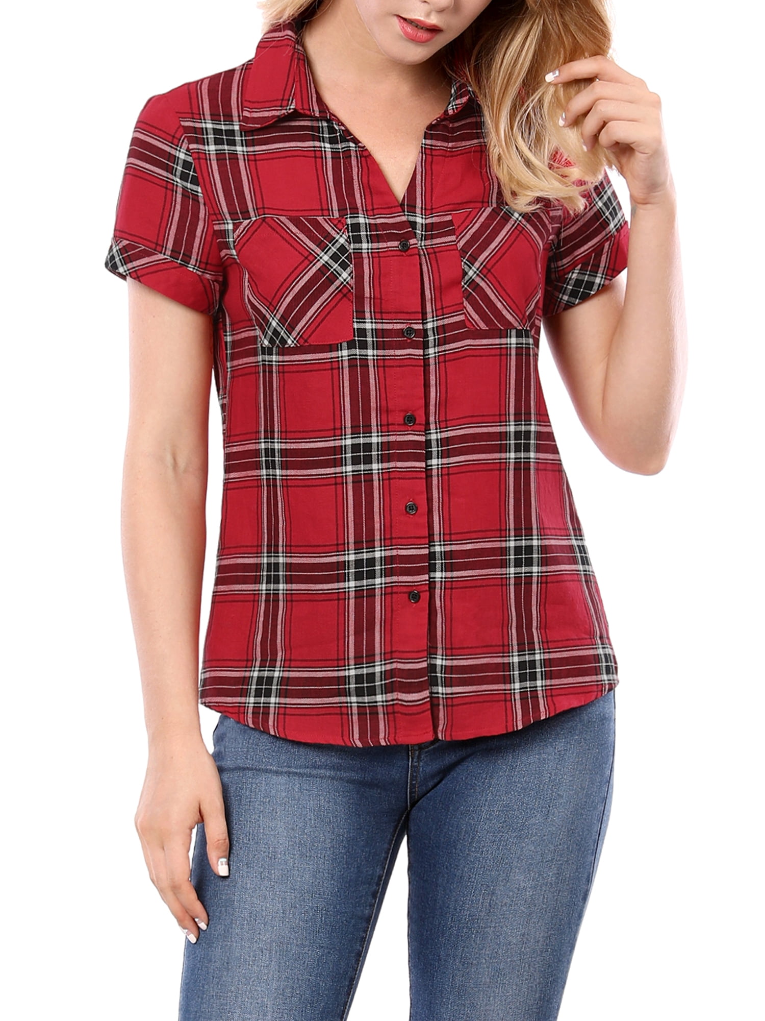 DARING DIVA Women's Casual Boyfriend Plaid Button Down Flannel Shirt L Red