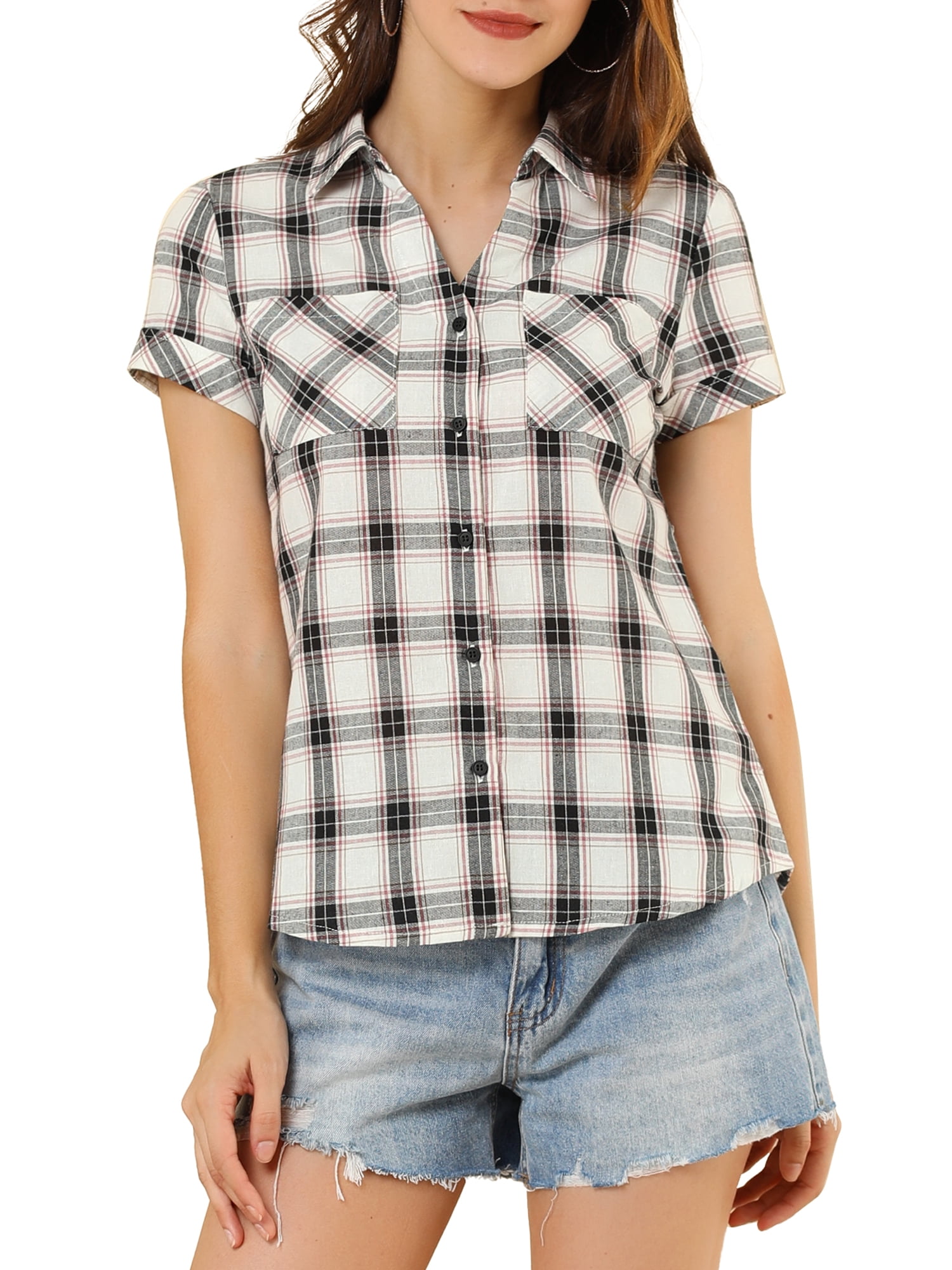 DARING DIVA Women's Casual Boyfriend Plaid Button Down Flannel Shirt L White Black