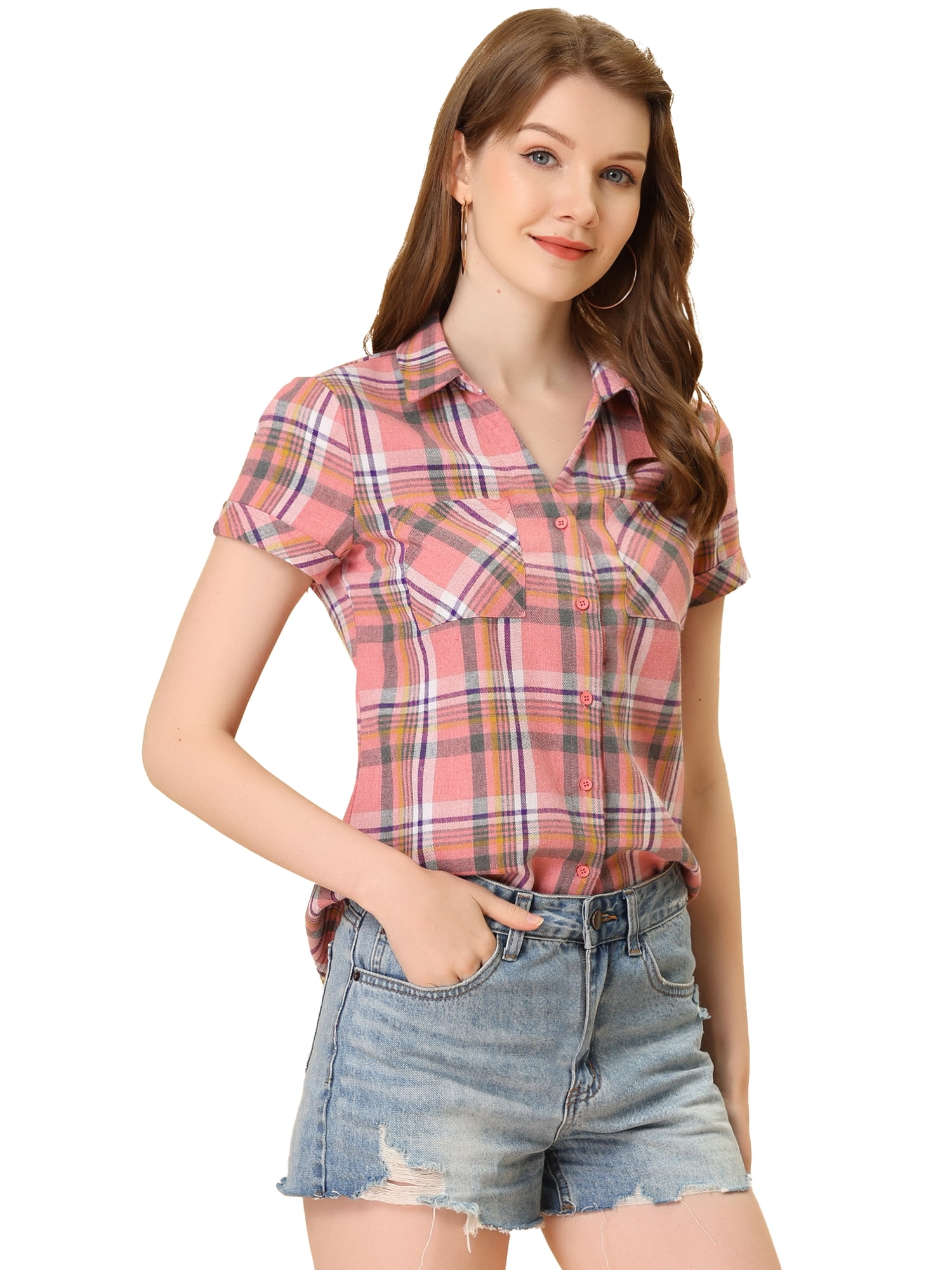 DARING DIVA Women's Casual Boyfriend Plaid Button Down Flannel Shirt M Light Pink