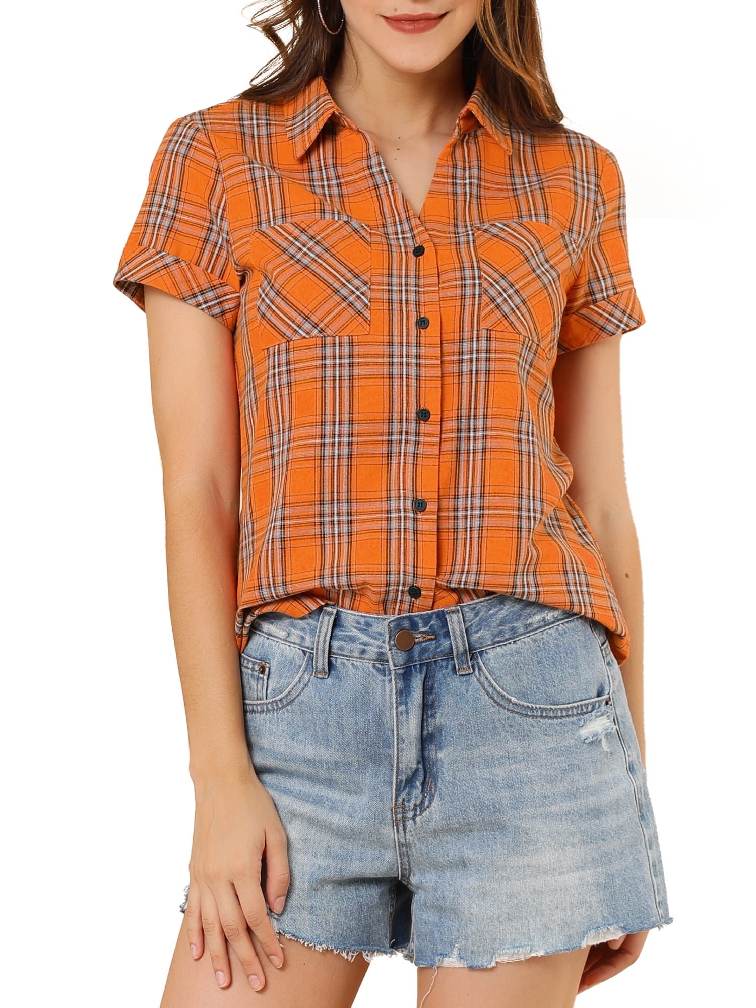 DARING DIVA Women's Casual Boyfriend Plaid Button Down Flannel Shirt M Orange