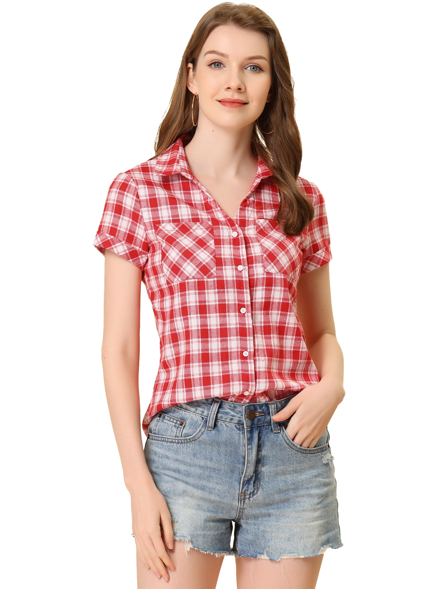 DARING DIVA Women's Casual Boyfriend Plaid Button Down Flannel Shirt M Red White