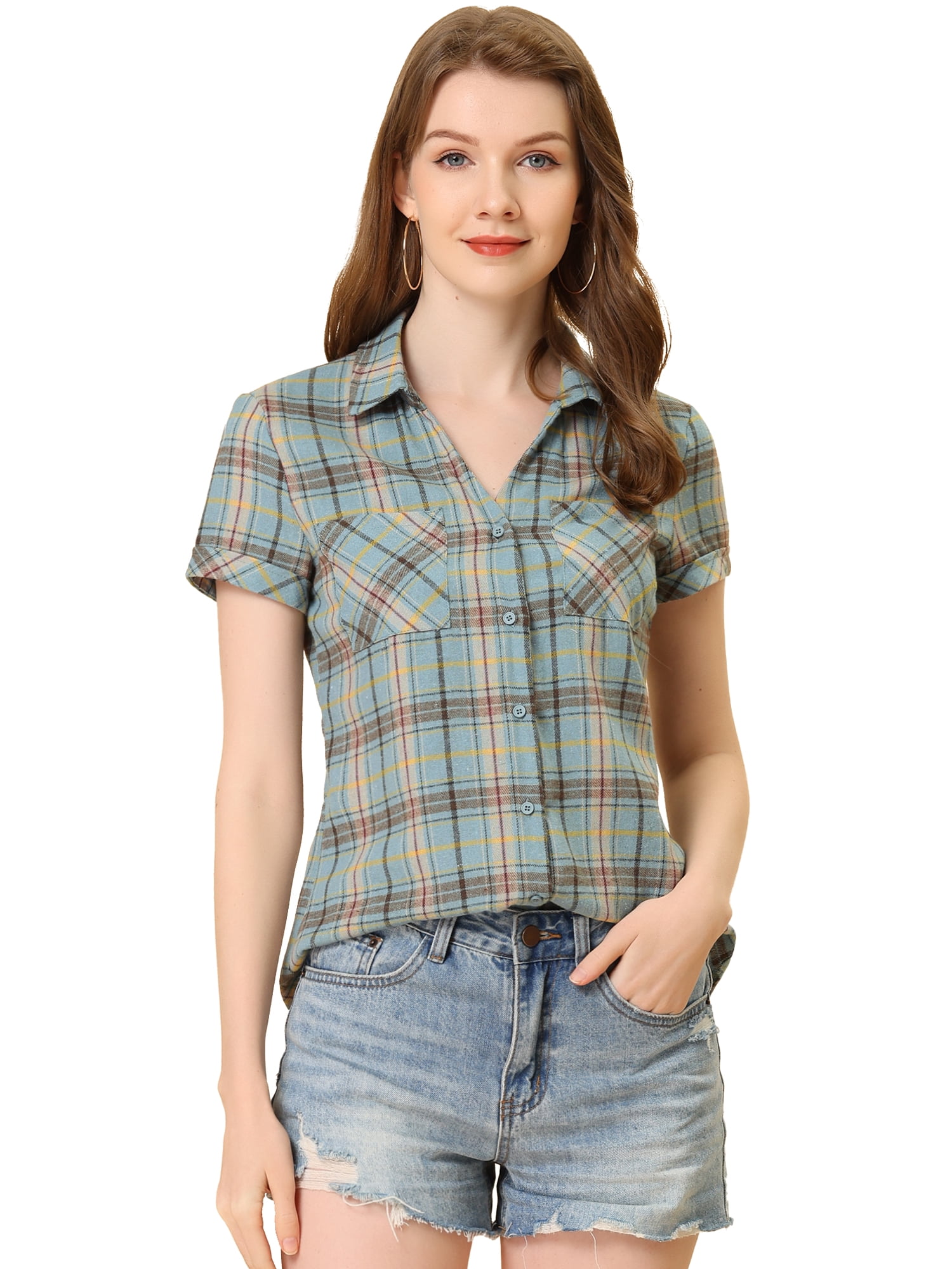 DARING DIVA Women's Casual Boyfriend Plaid Button Down Flannel Shirt S Gray Blue