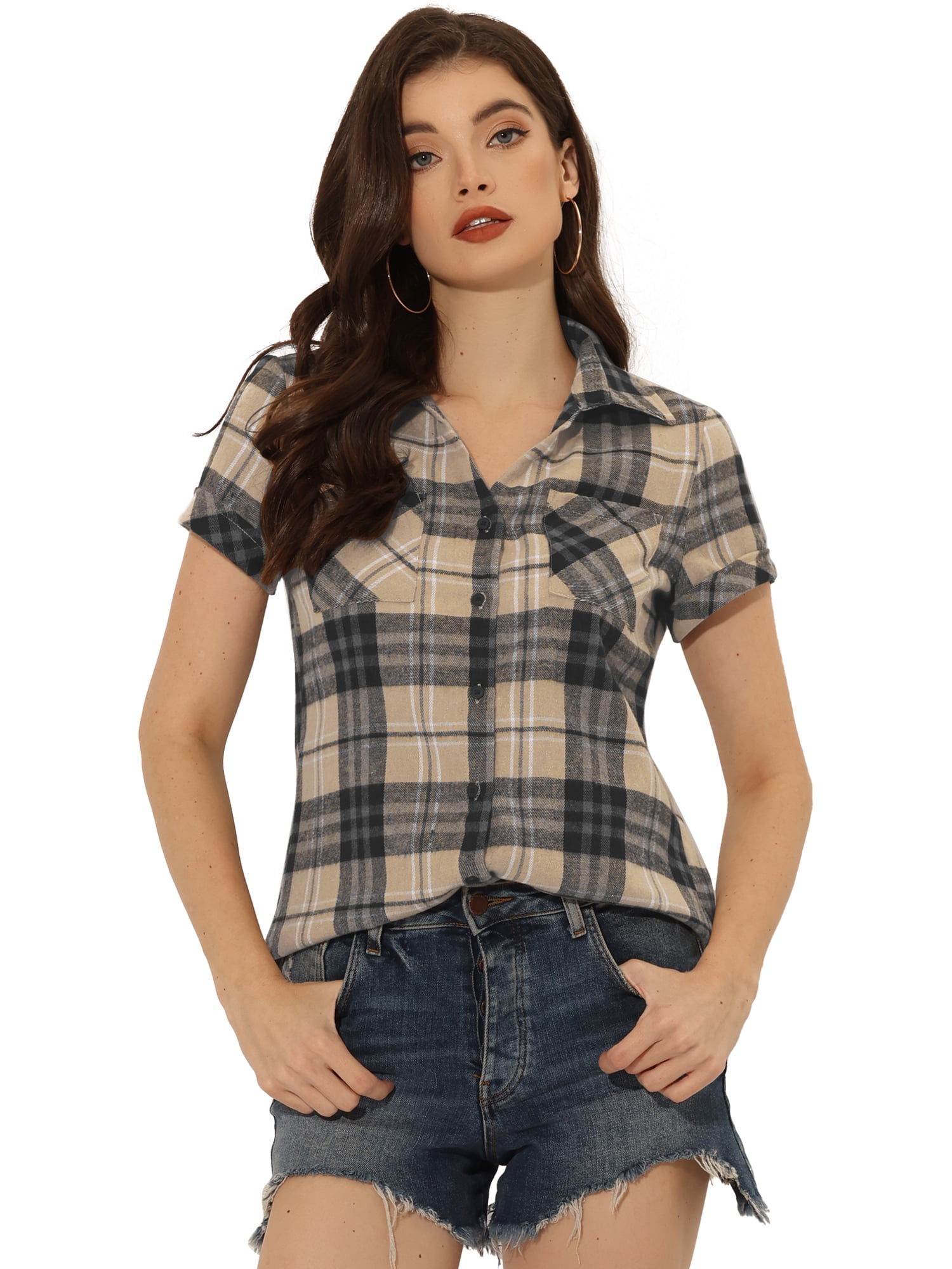 DARING DIVA Women's Casual Boyfriend Plaid Button Down Flannel Shirt S Khaki Black