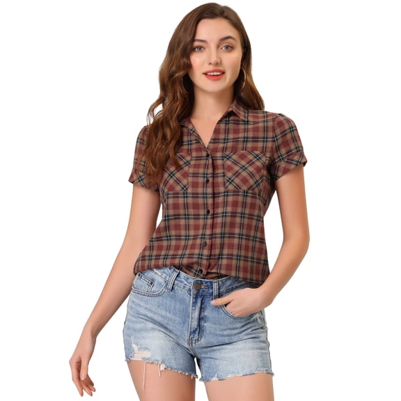 DARING DIVA Women's Casual Boyfriend Plaid Button Down Flannel Shirt S Red Yellow
