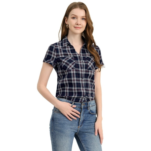 DARING DIVA Women's Casual Boyfriend Plaid Button Down Flannel Shirt XS Dark Blue