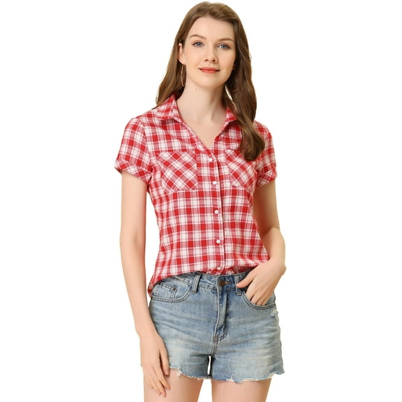 DARING DIVA Women's Casual Boyfriend Plaid Button Down Flannel Shirt XS Red White