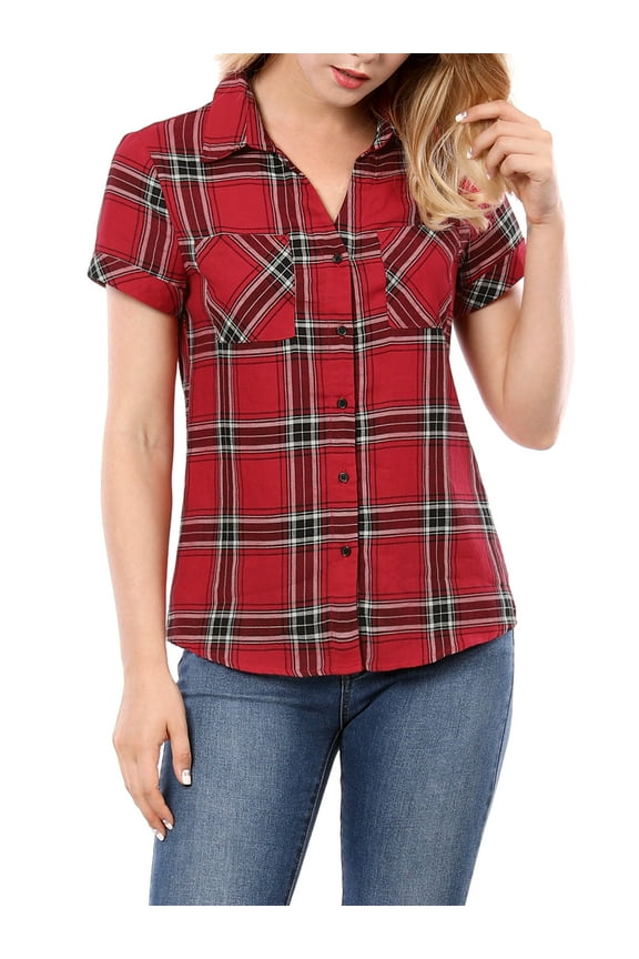Women's Casual Boyfriend Plaid Button Down Flannel Shirt XS Red