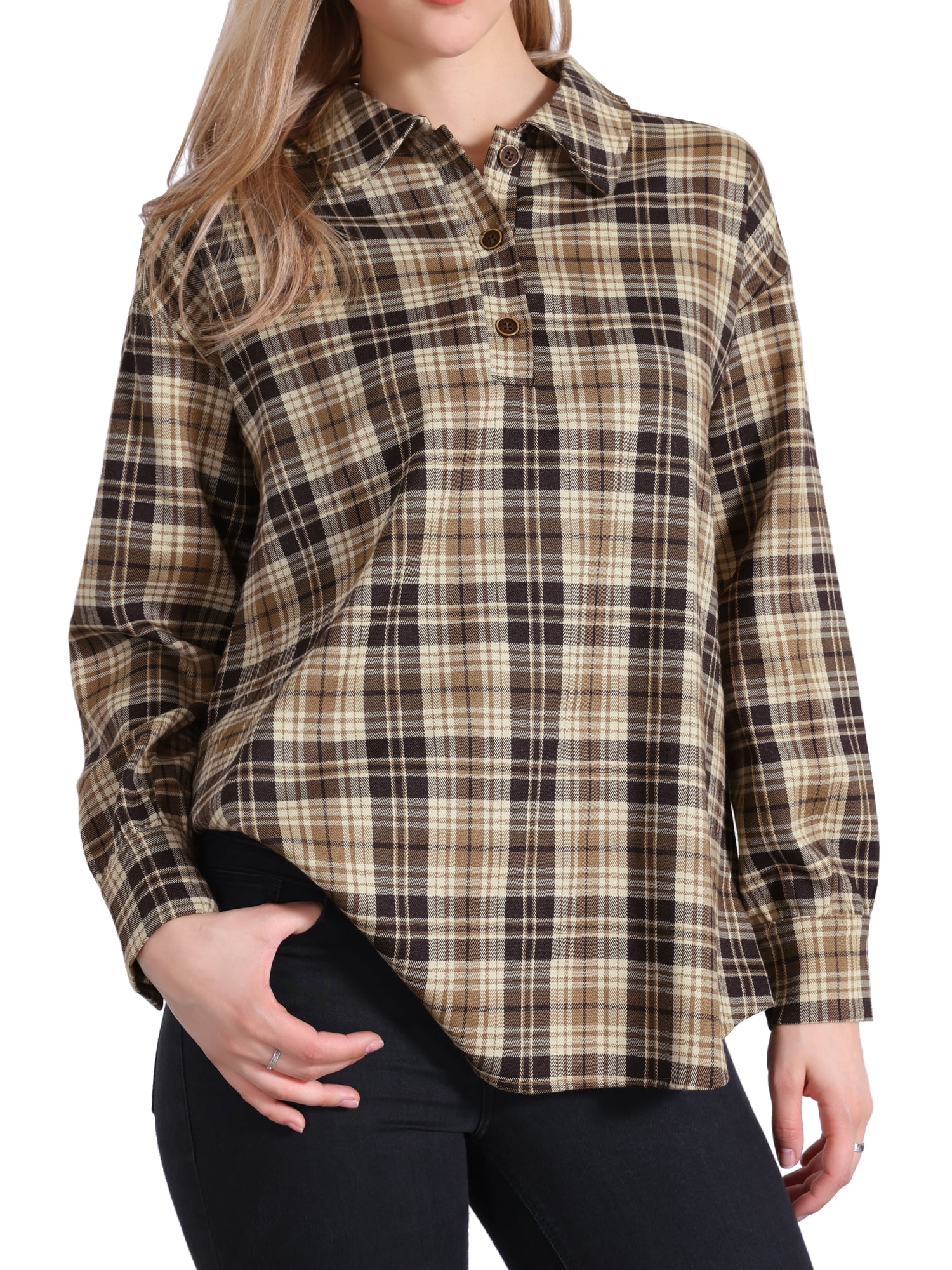 DARING DIVA Women's Casual Button Collared Long Sleeve Blouse M Brown