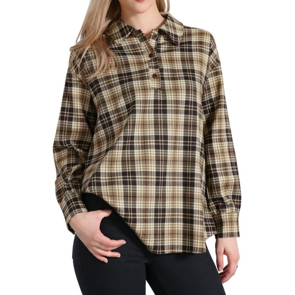 DARING DIVA Women's Casual Button Collared Long Sleeve Blouse M Brown