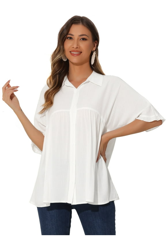 Women's Casual Button Down Tunic Tops with Ruffle Cuffs XS White